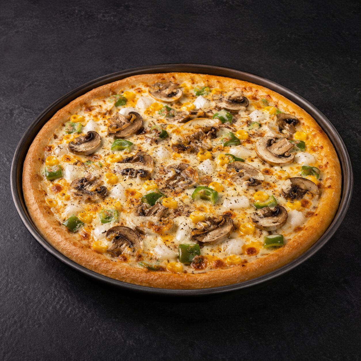 Lisbon Secret Melt pure vegetarian 10-inch pan pizza with sautéed mushrooms • onion • roasted capsicum • black pepper